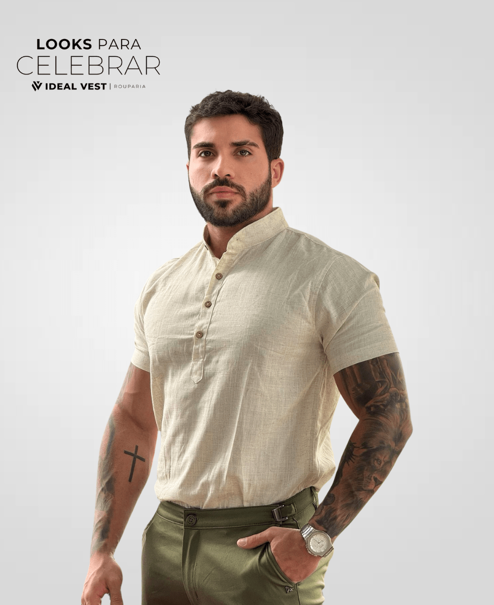 Camisa Bata Areia Masculina Básica Linho - Paladho's Jeans Wear