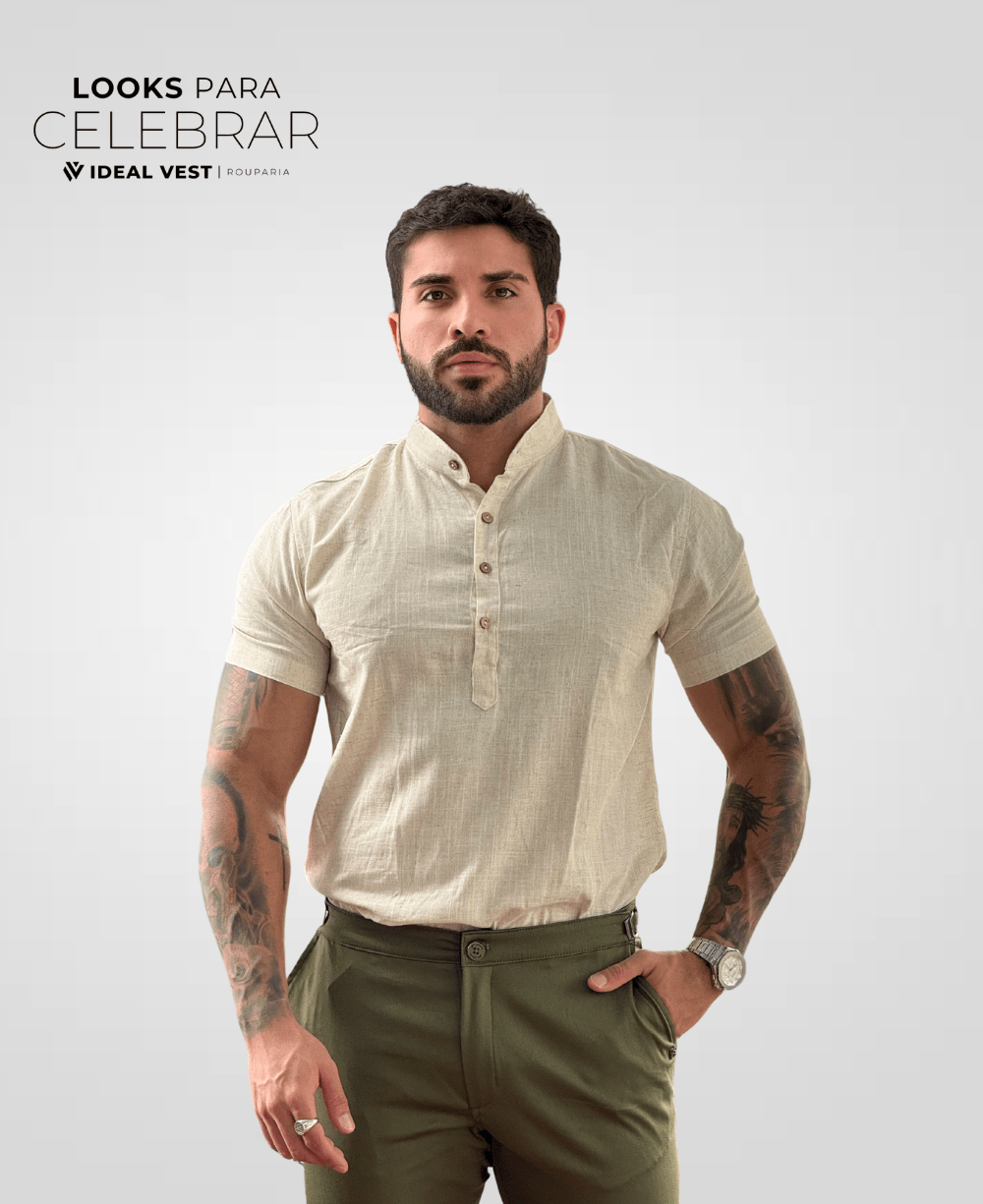 Camisa Bata Areia Masculina Básica Linho - Paladho's Jeans Wear