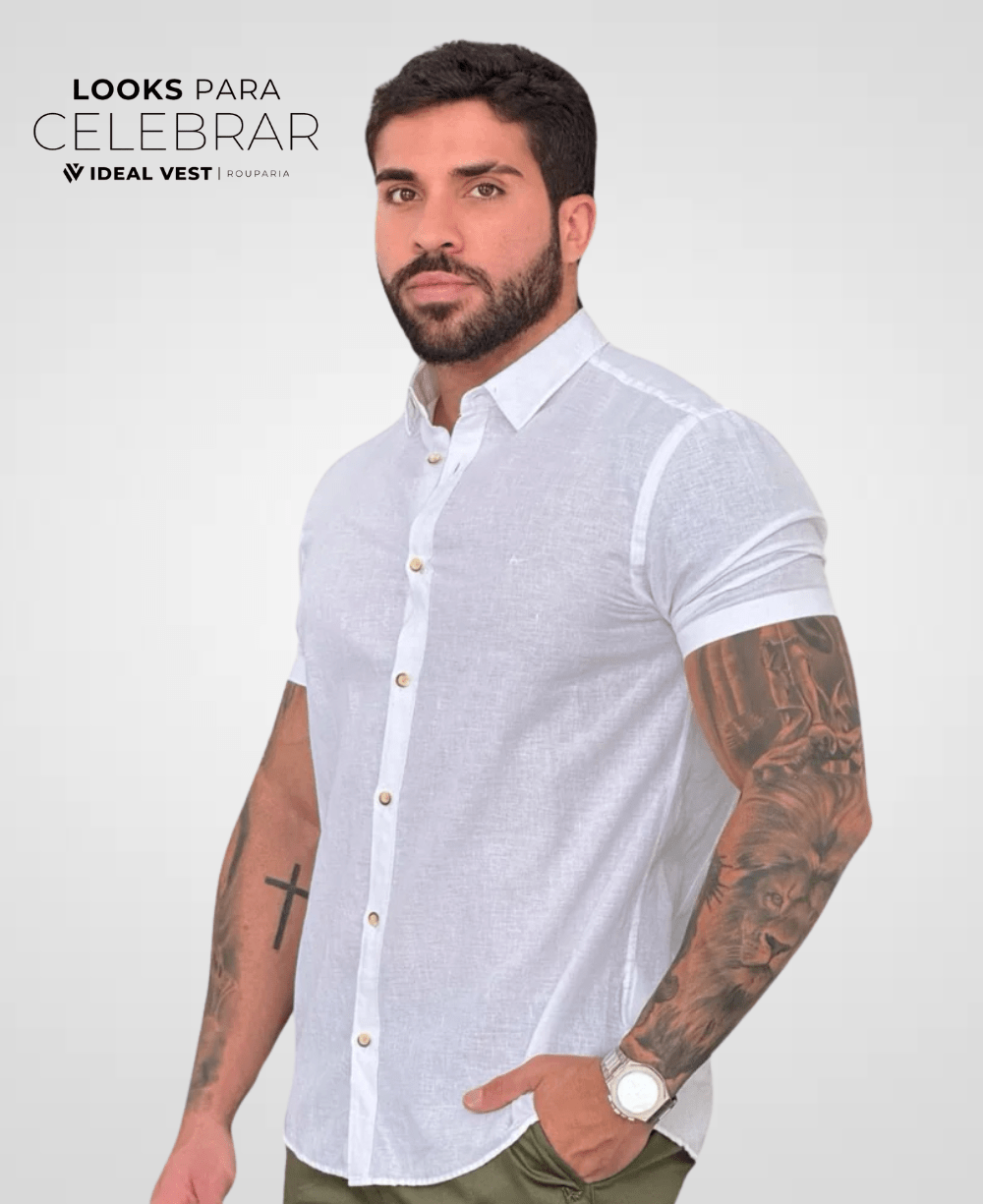 Camisa Social Areia Manga Curta Masculina Slim - Aramis