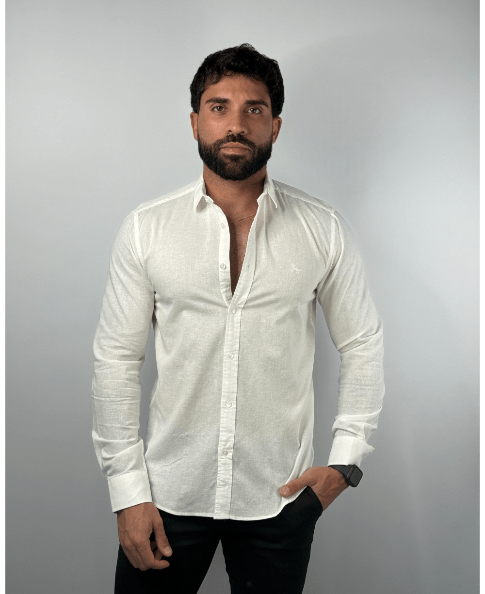Camisa Manga Longa Branco Masculina Linho - Per Pochi