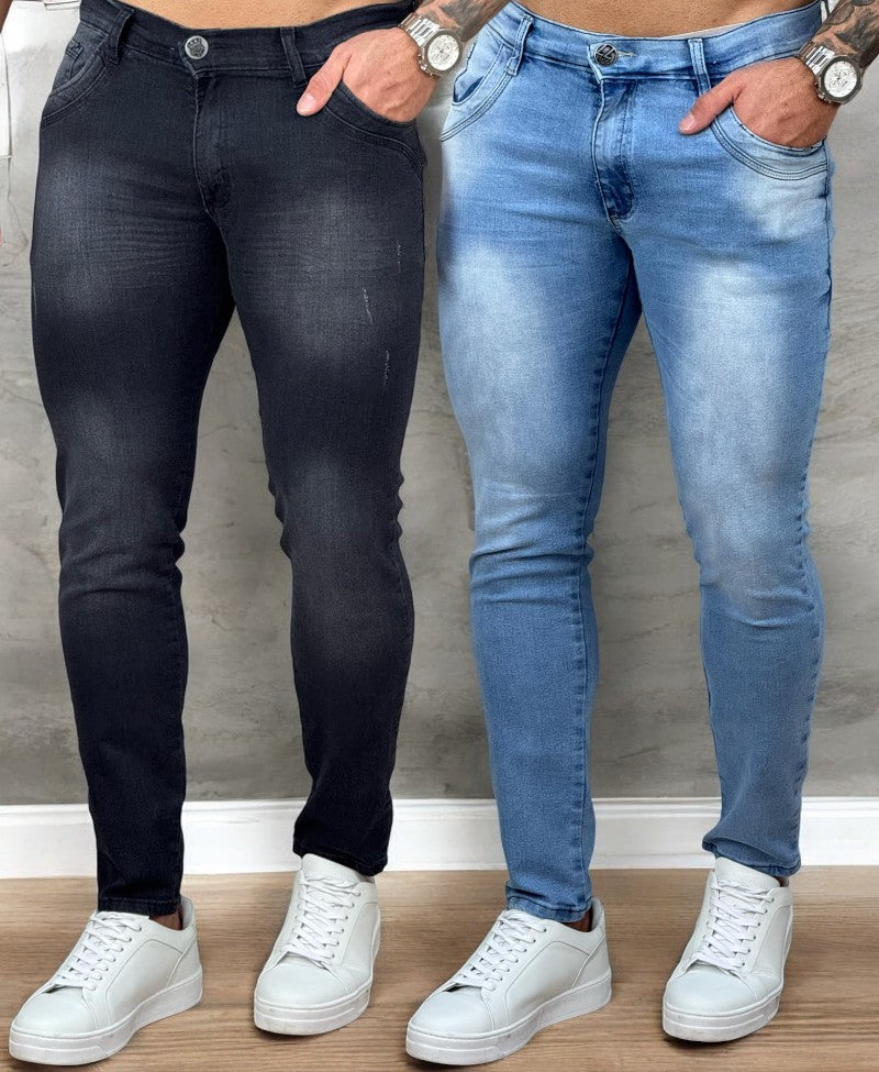Kit 2 Calças Jeans Médio e Preta Mescla Masculino Skinny - Rota 77