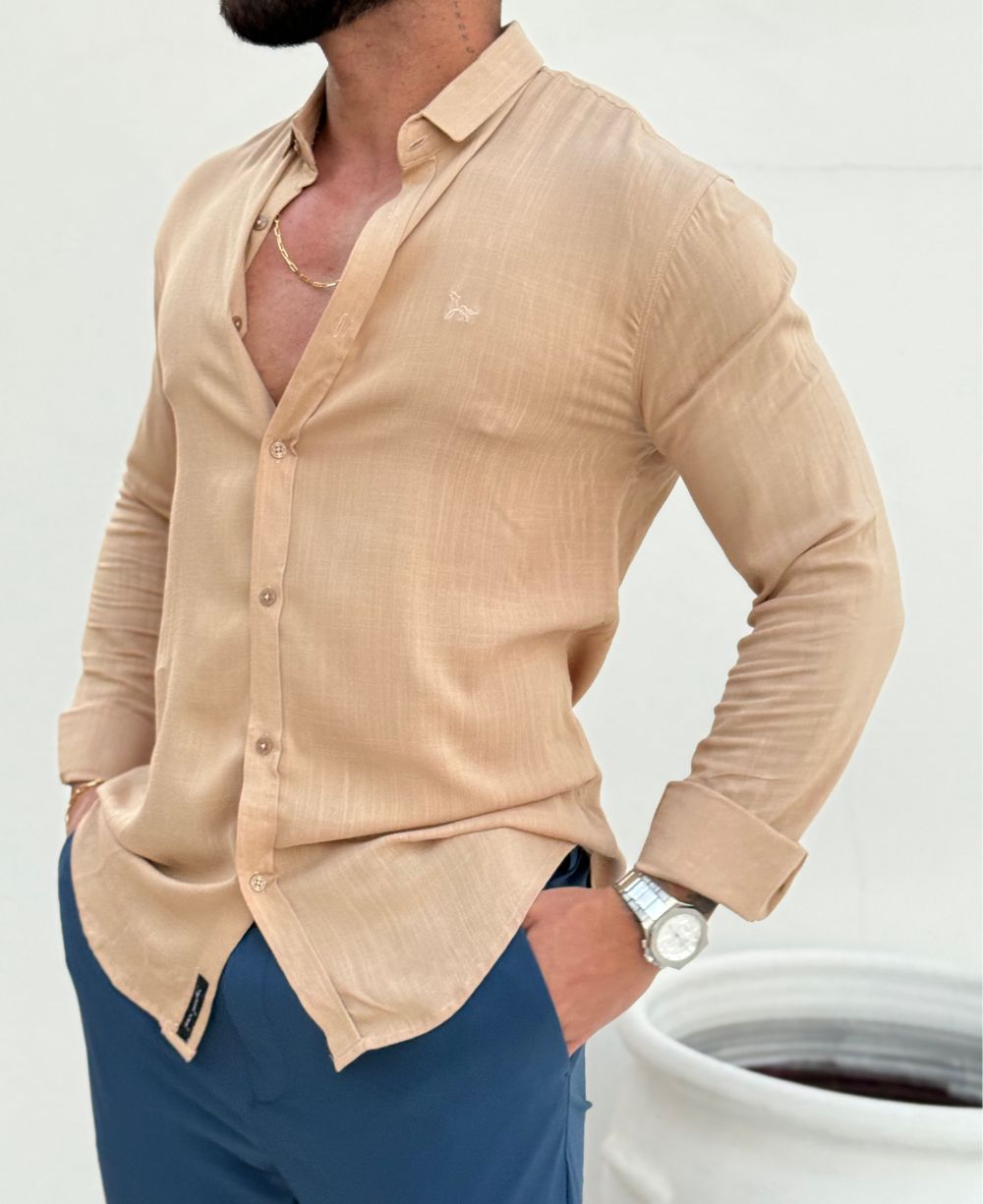 Camisa Manga Longa Bege Masculino Viscolinho - Per Pochi