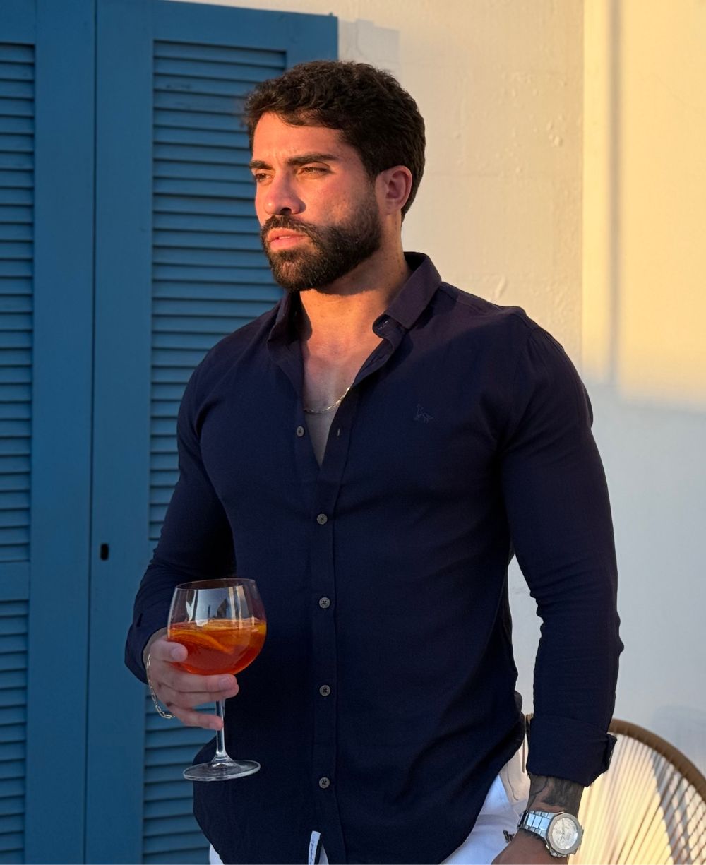 Camisa Manga Longa Azul Marinho Masculino Viscolinho - Per Pochi