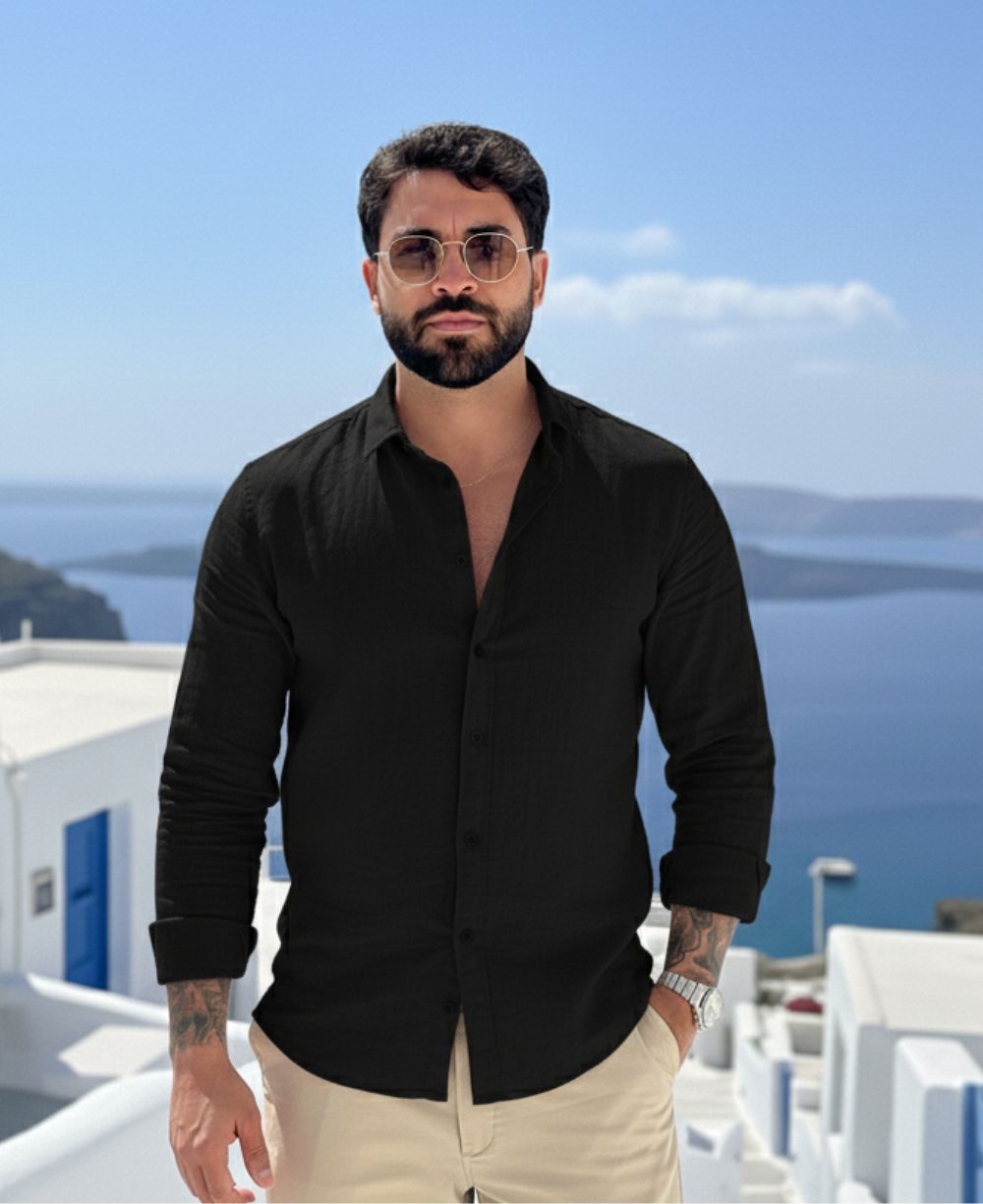 Camisa Manga Longa Preto Masculino Linho - Per Pochi