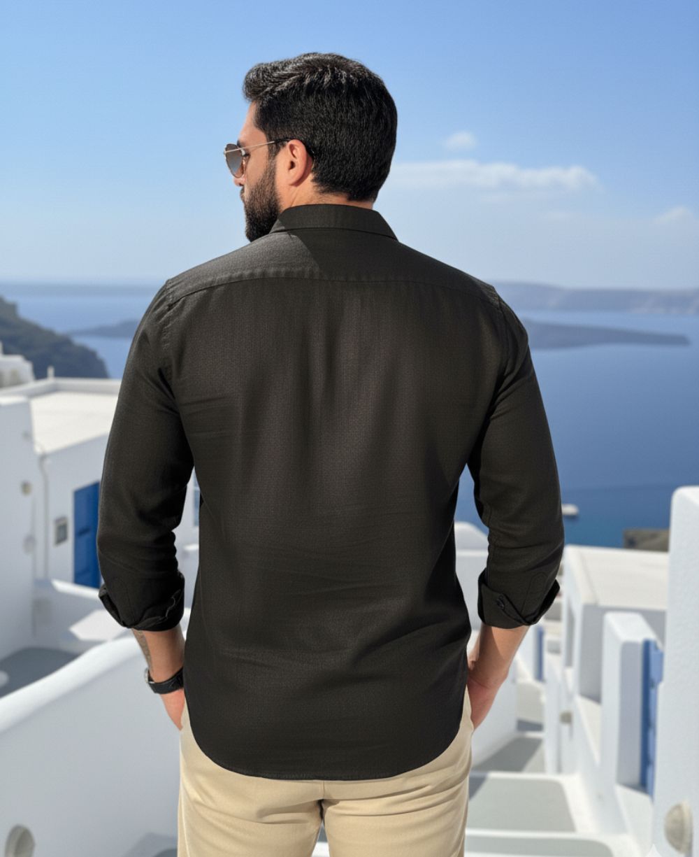 Camisa Manga Longa Preto Masculino Linho - Per Pochi