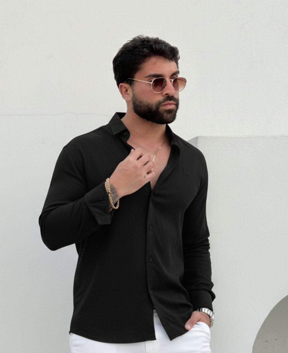 Camisa Social Dubai Gola Tradicional Preto Masculino - Per Pochi