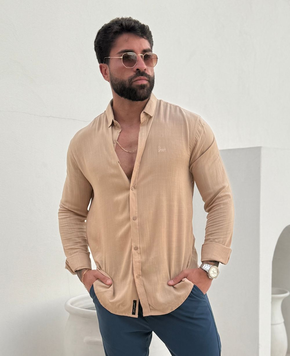 Camisa Dubai Gola Tradicional Bege Masculino - Per Pochi