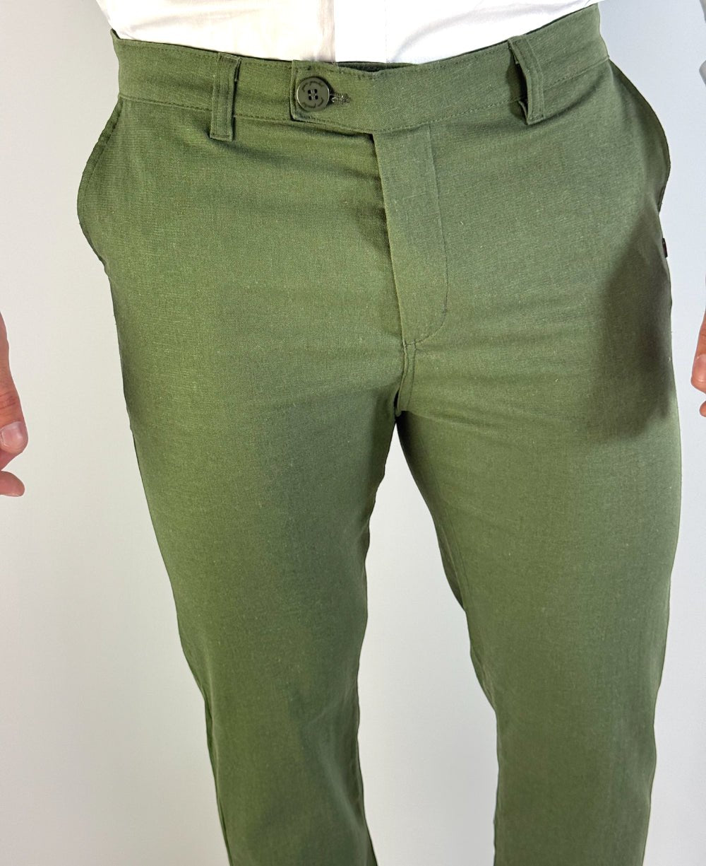 Calça Alfaiataria Linho Cós Transpassado Verde - Per Pochi