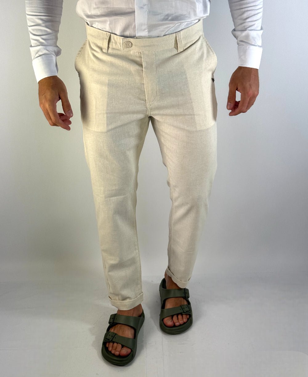 Calça Alfaiataria Linho Cós Transpassado Areia - Per Pochi