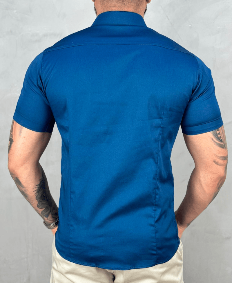 Camisa Social Azul Manga Curta Básica Acetinada - Paladho's Jeans Wear