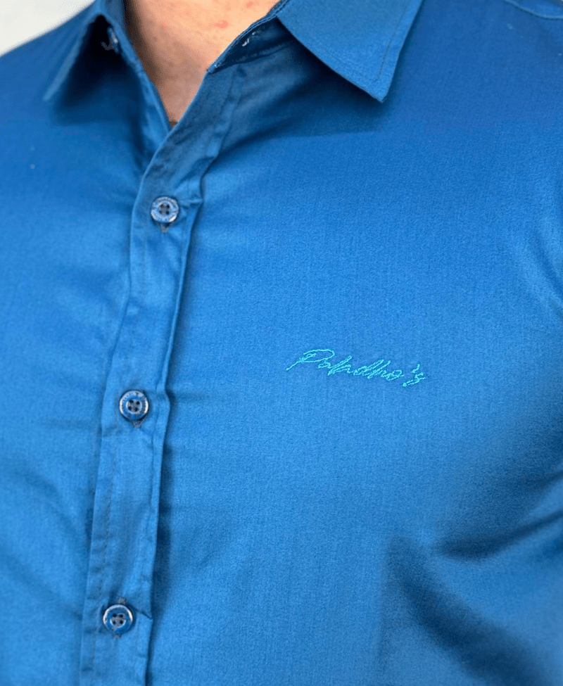 Camisa Social Azul Manga Curta Básica Acetinada - Paladho's Jeans Wear