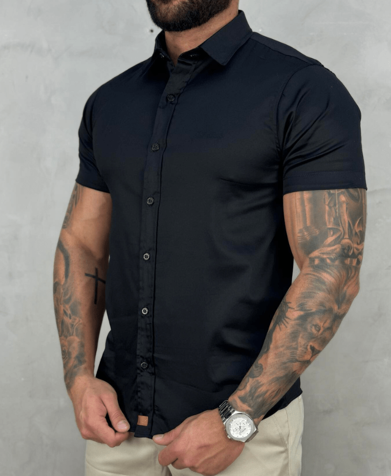 Camisa Social Preta Manga Curta Básica Acetinada - Paladho's Jeans Wear
