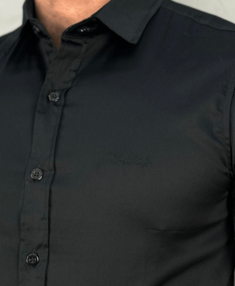 Camisa Social Preta Manga Curta Básica Acetinada - Paladho's Jeans Wear