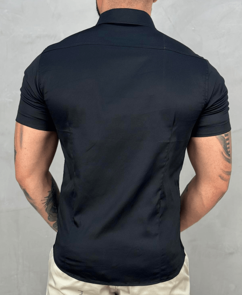 Camisa Social Preta Manga Curta Básica Acetinada - Paladho's Jeans Wear