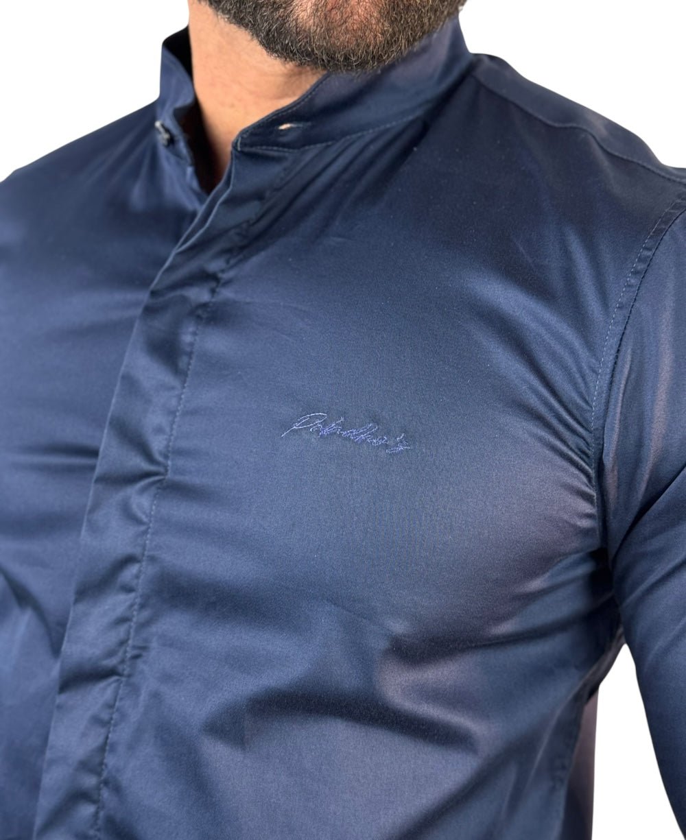 Camisa Social Azul Marinho Gola Padre Acetinada - Paladhos