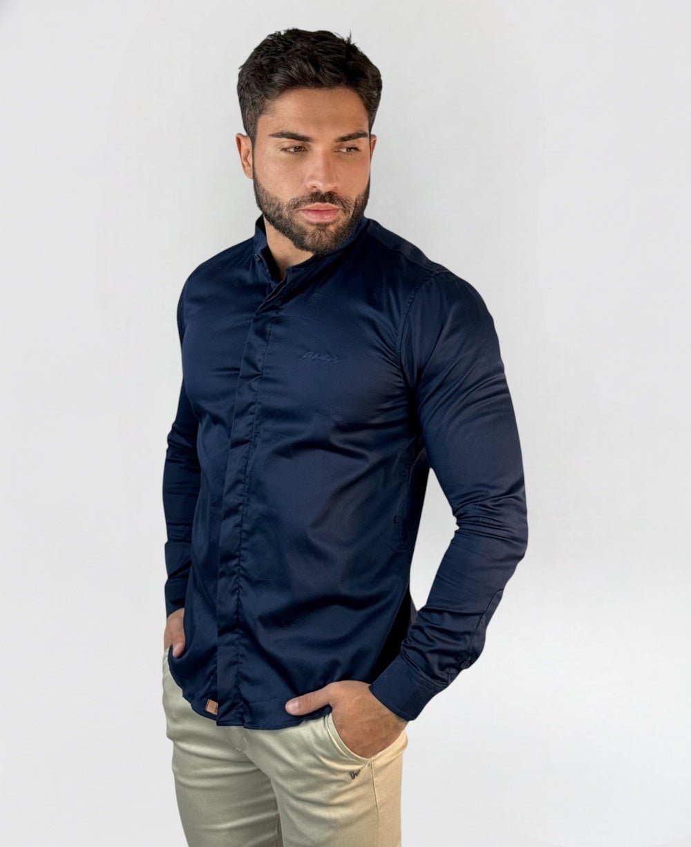 Camisa Social Azul Marinho Gola Padre Acetinada - Paladhos