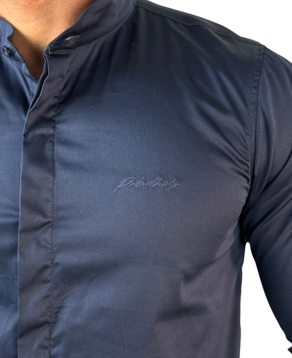 Camisa Social Azul Marinho Gola Padre Acetinada - Paladhos