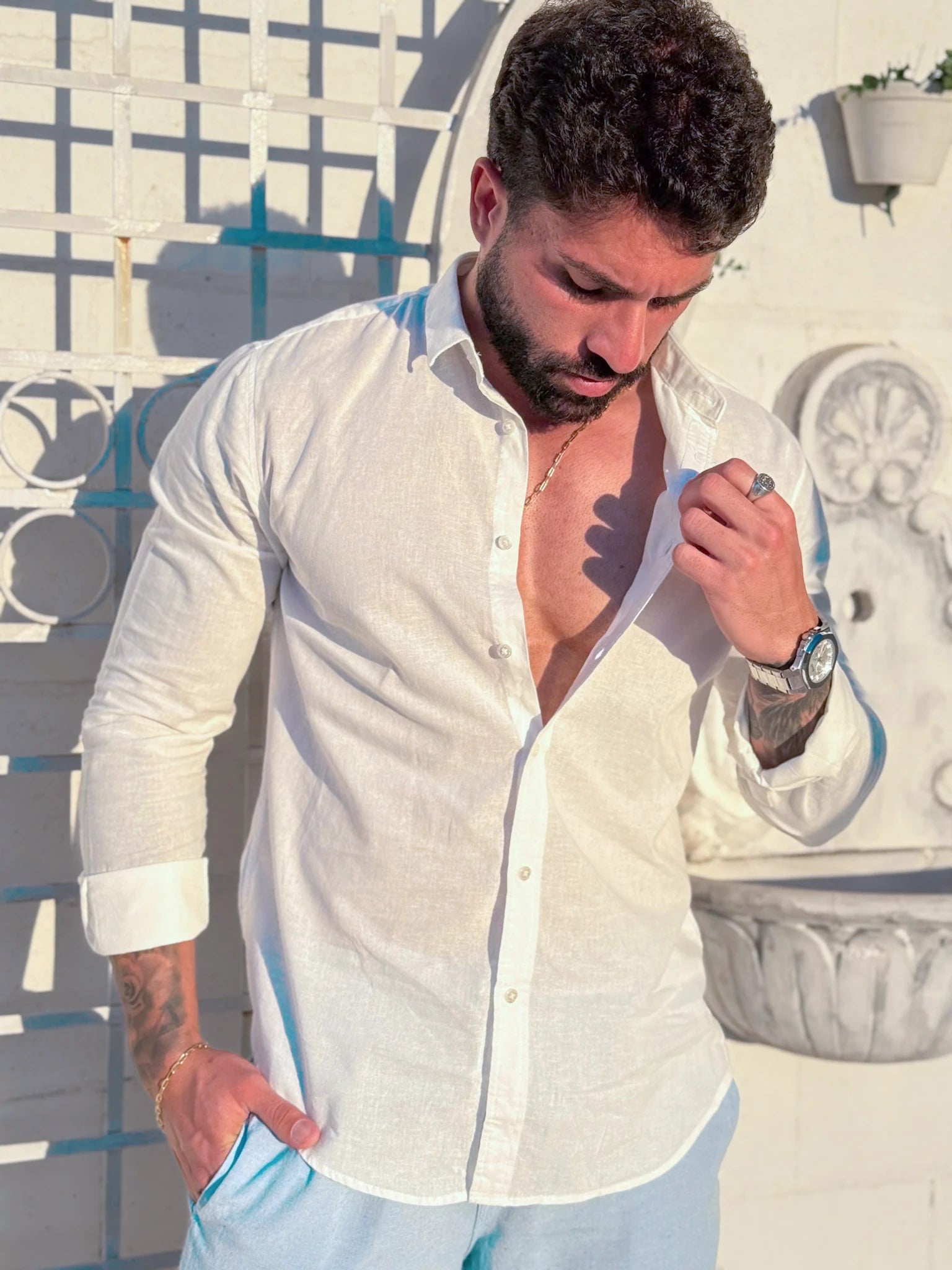 Camisa Manga Longa Branco Masculina Linho - Per Pochi