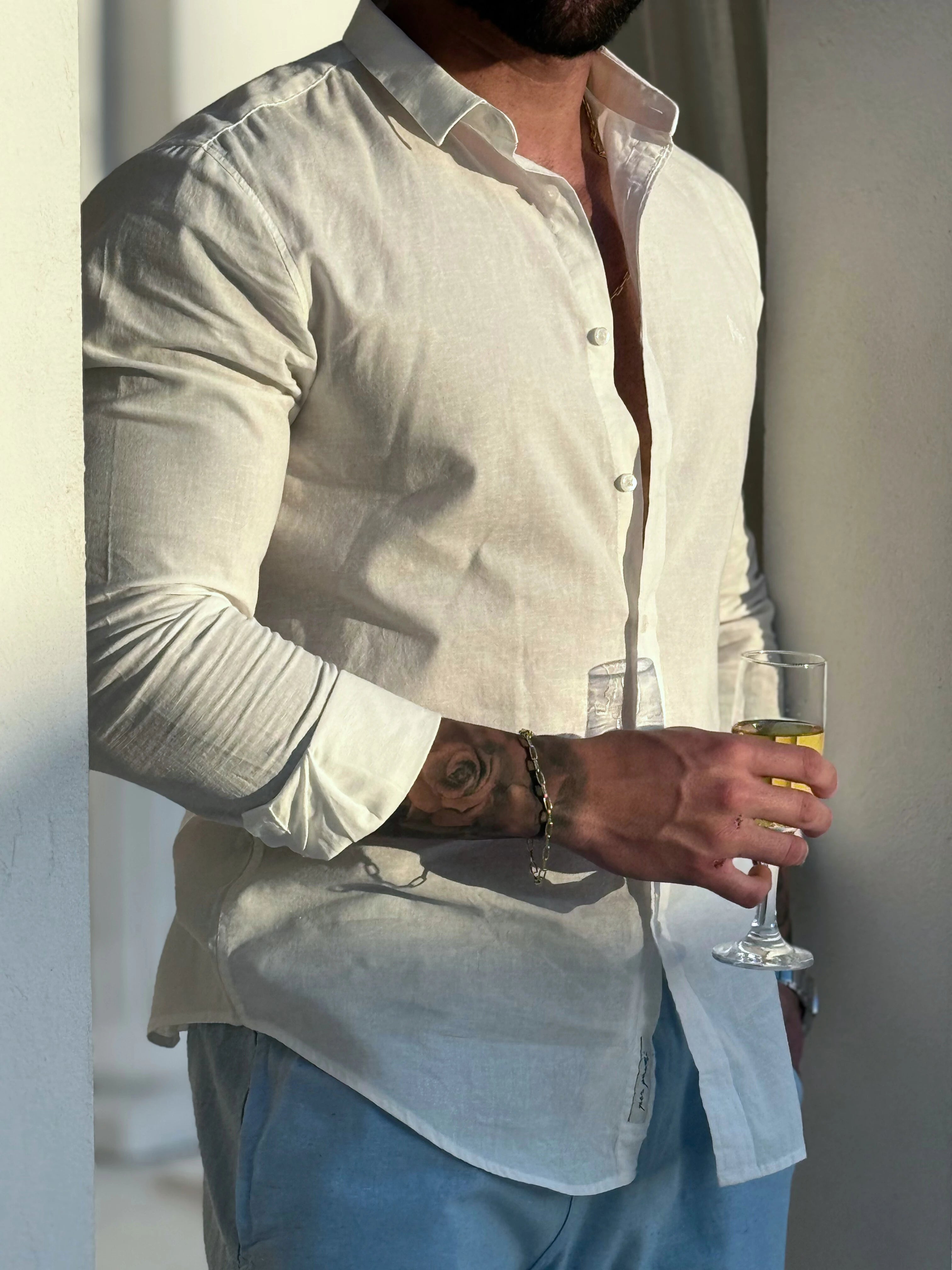 Camisa Manga Longa Branco Masculina Linho - Per Pochi