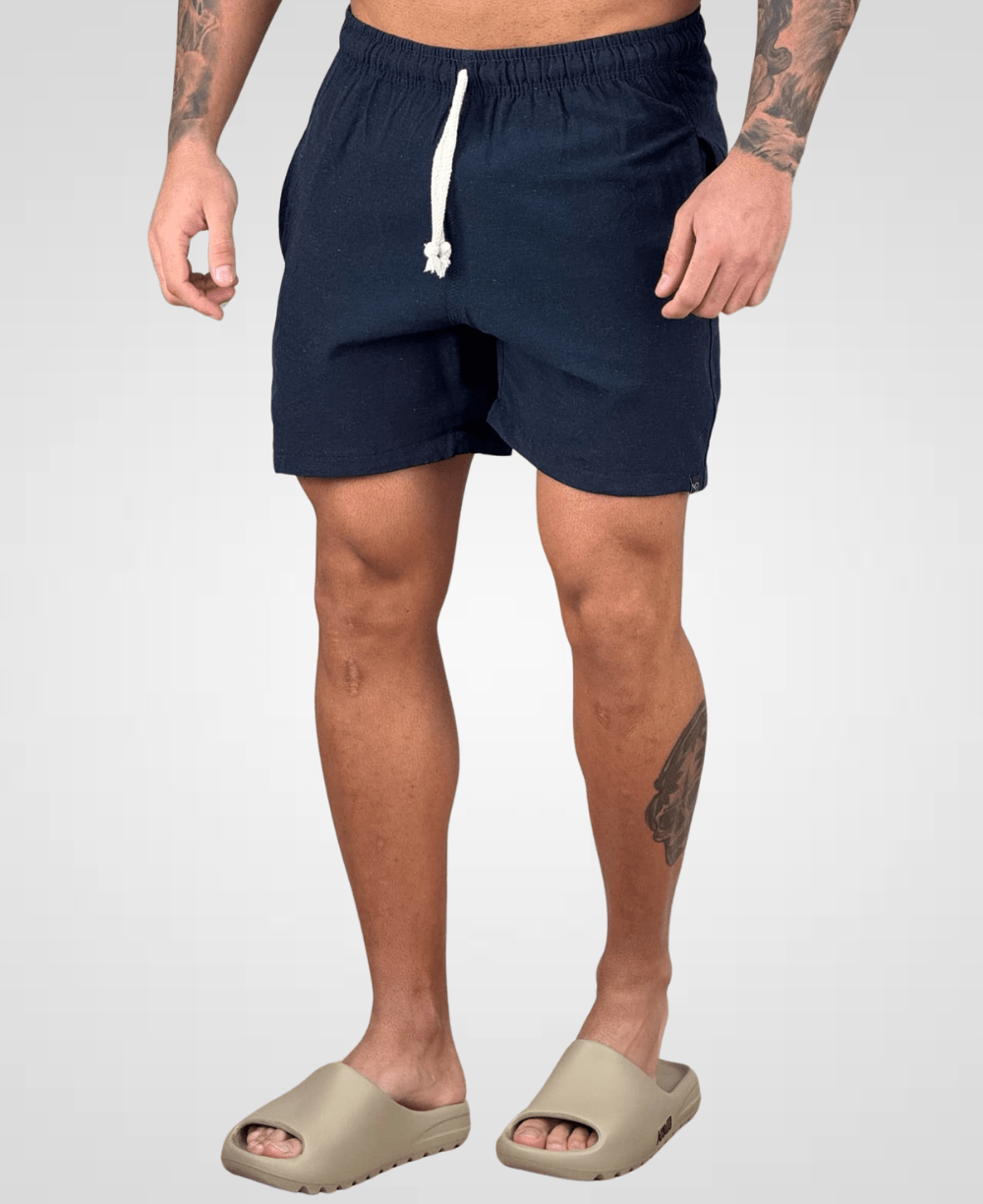Shorts de Linho Azul Marinho Masculina Lisa - Afri.co