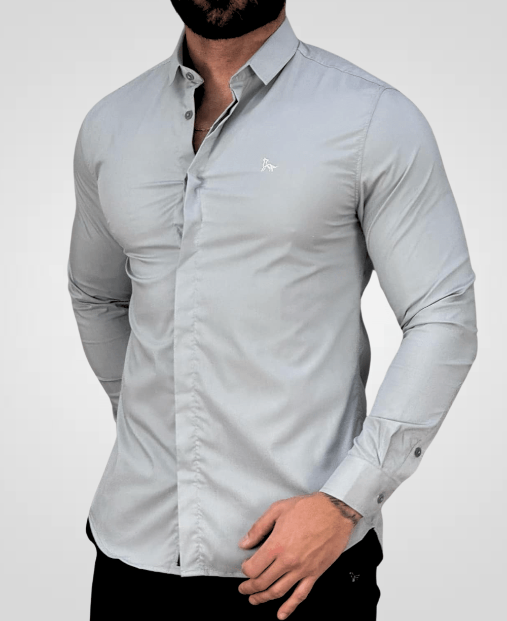 Camisa Social Cinza Claro Masculina Acetinada - Per Pochi