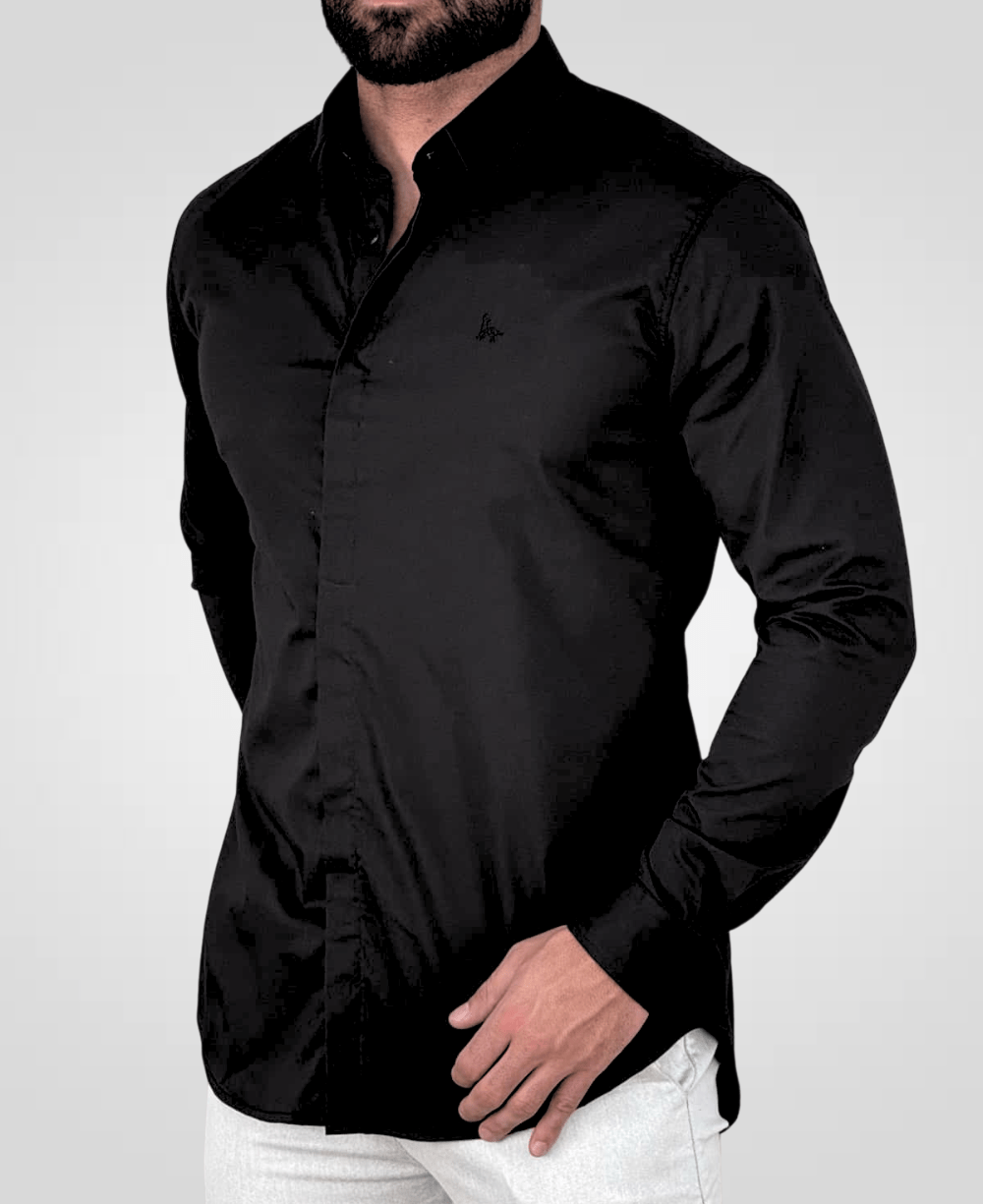 Camisa Social Preto Masculina Acetinada - Per Pochi