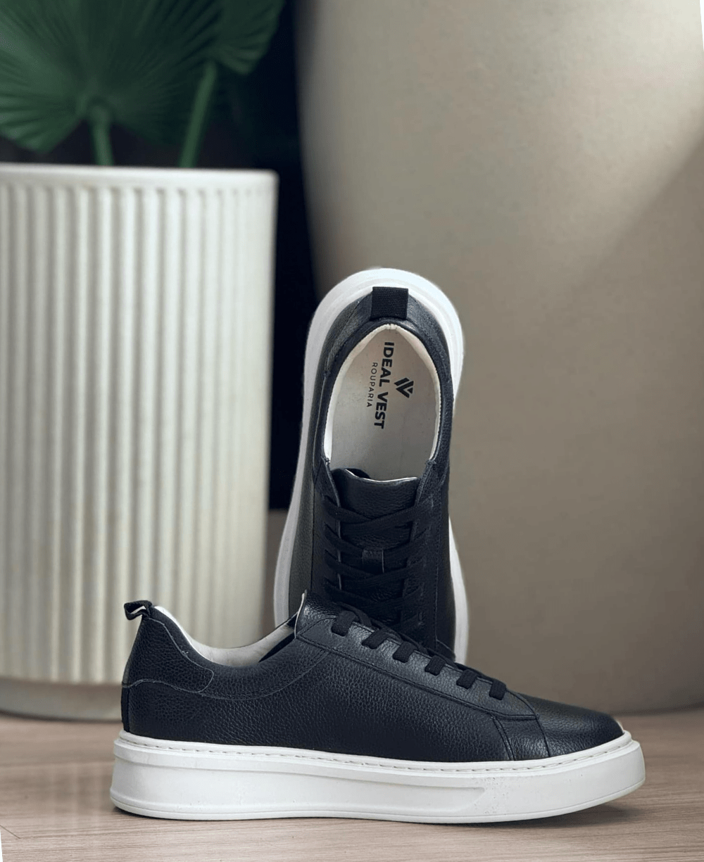 Tênis Preto Masculino De Couro Sintético Casual - Ideal Vest