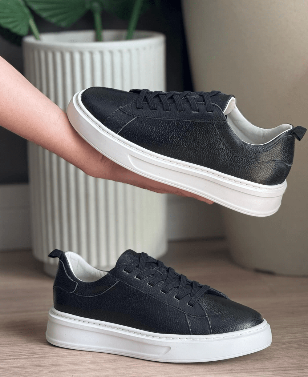 Tênis Preto Masculino De Couro Sintético Casual - Ideal Vest