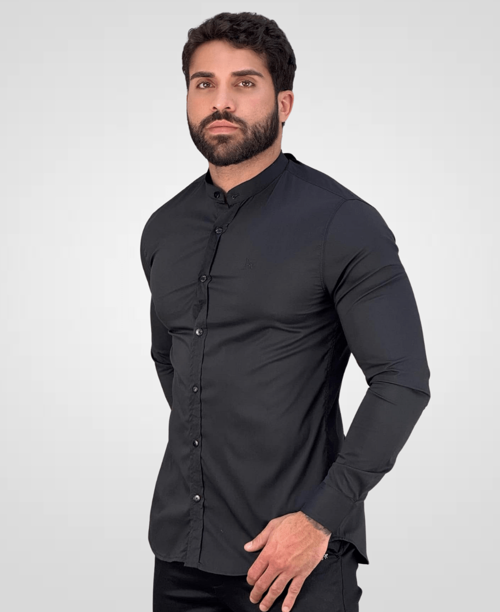 Camisa Social Gola Padre Preto Masculina Acetinada - Per Pochi