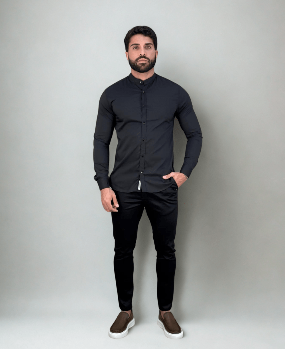 Camisa Social Gola Padre Preto Masculina Acetinada - Per Pochi