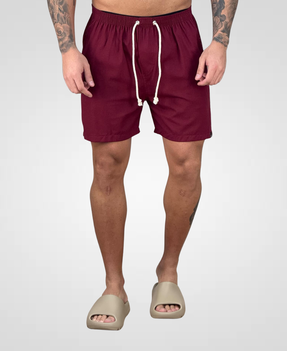 Shorts de Linho Bordô Masculina Lisa - Afri.co