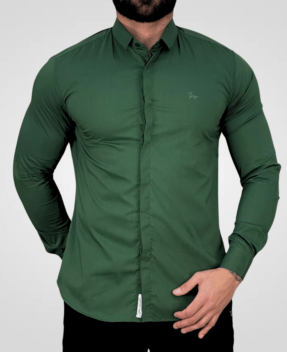 Camisa Social Verde Musgo Masculina Acetinada - Per Pochi
