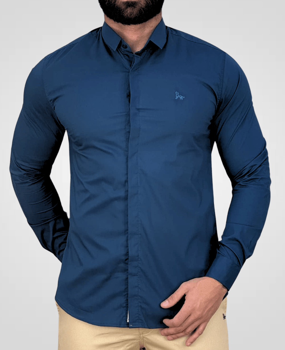 Camisa Social Azul Royal Masculina Acetinada - Per Pochi