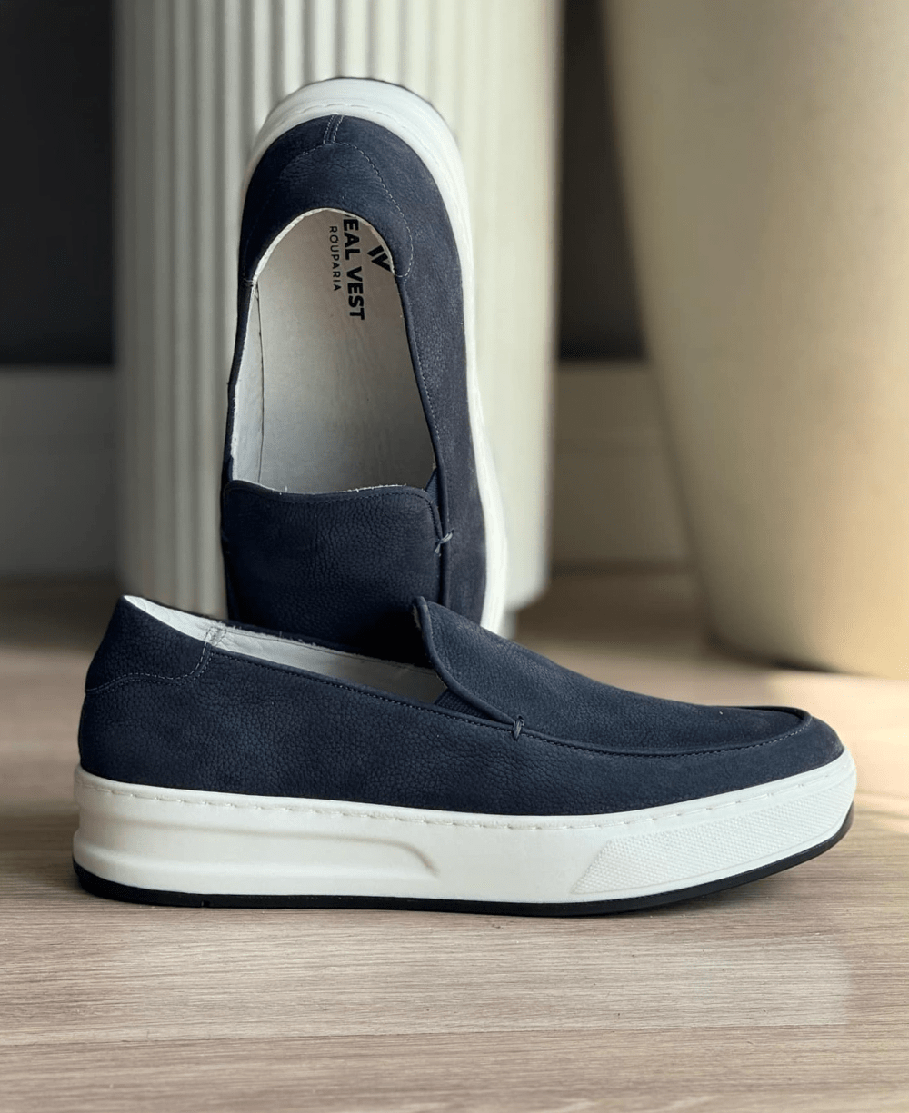 Slip On Azul Marinho Masculino De Couro - Ideal Vest Rouparia