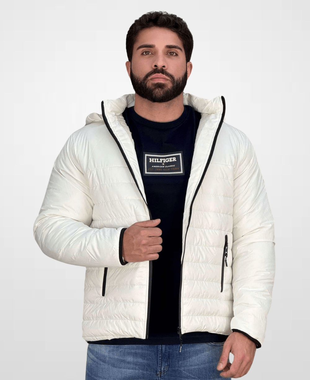 Jaqueta Puffer Branco Com Touca Masculina - Rock & Soda