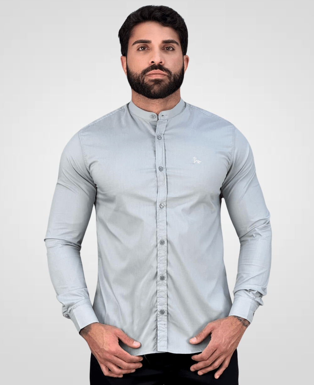 Camisa Social Gola Padre Cinza Masculina Acetinada - Per Pochi