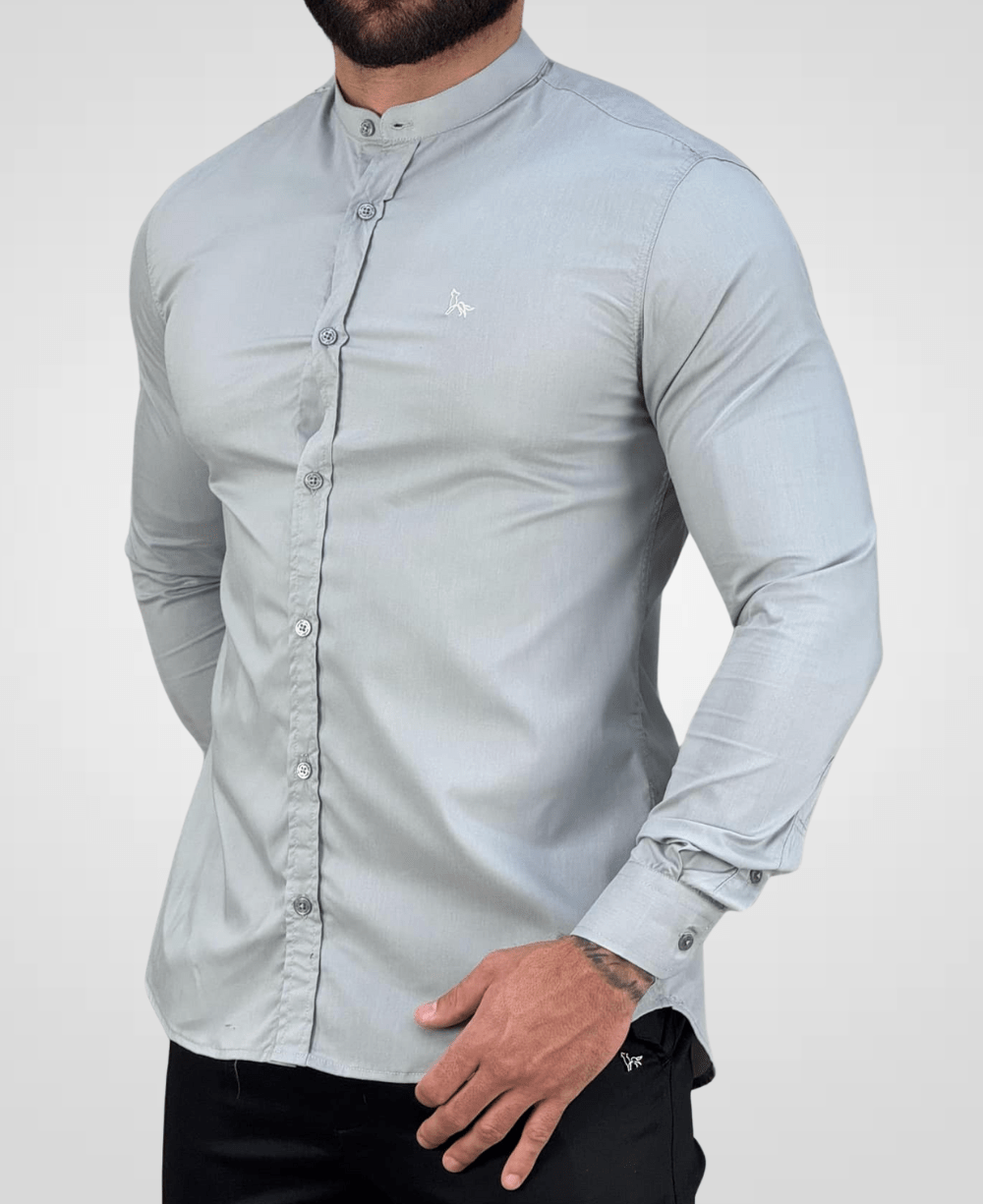 Camisa Social Gola Padre Cinza Masculina Acetinada - Per Pochi