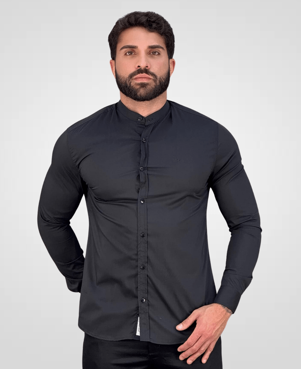 Camisa Social Gola Padre Preto Masculina Acetinada - Per Pochi