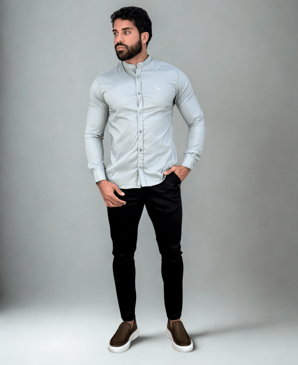Camisa Social Gola Padre Cinza Masculina Acetinada - Per Pochi