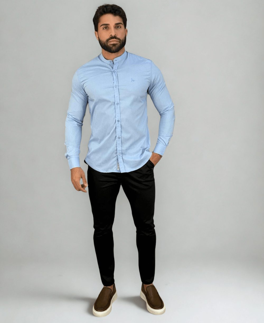 Camisa Social Azul Claro Masculina Acetinada - Per Pochi