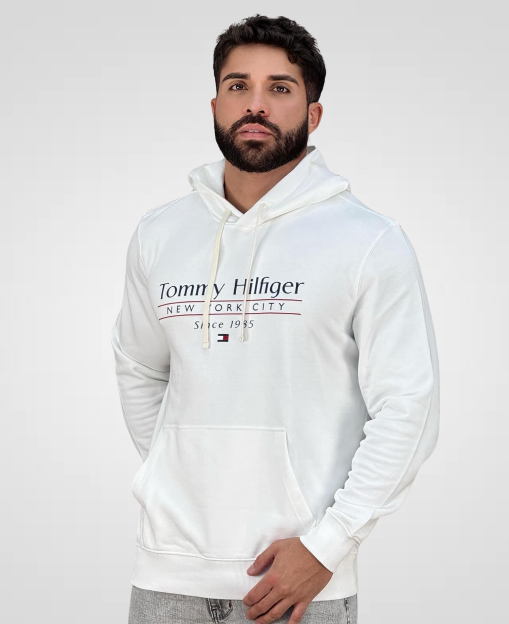 Moletom Branco Masculino Logo Com Capuz- Tommy Hilfiger