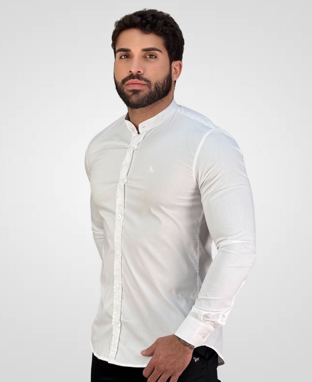 Camisa Manga Longa Branco Masculina Tricoline Gola Padre - Per Pochi