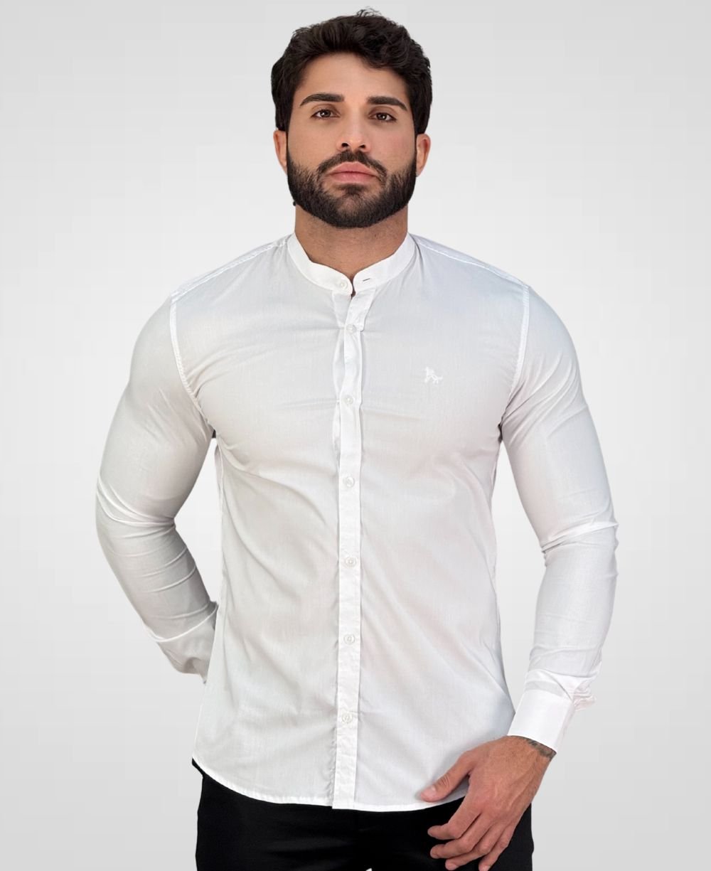 Camisa Social Gola Padre Branco Masculina Acetinada - Per Pochi