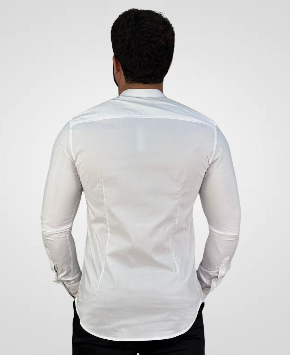 Camisa Manga Longa Branco Masculina Tricoline Gola Padre - Per Pochi