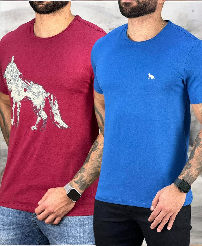 Kit 2 Camiseta Bordo e Azul Masculino Básica - Acostamento