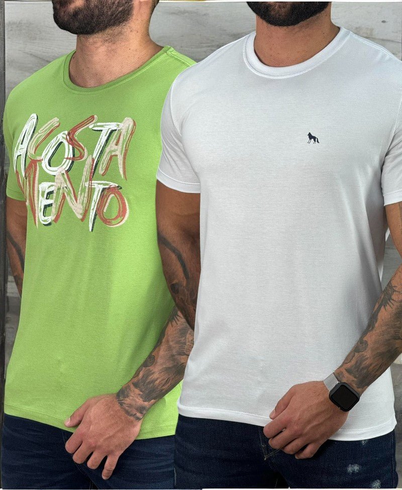 Kit 2 Camiseta Branca e Verde Hortelã Masculino Básica - Acostamento