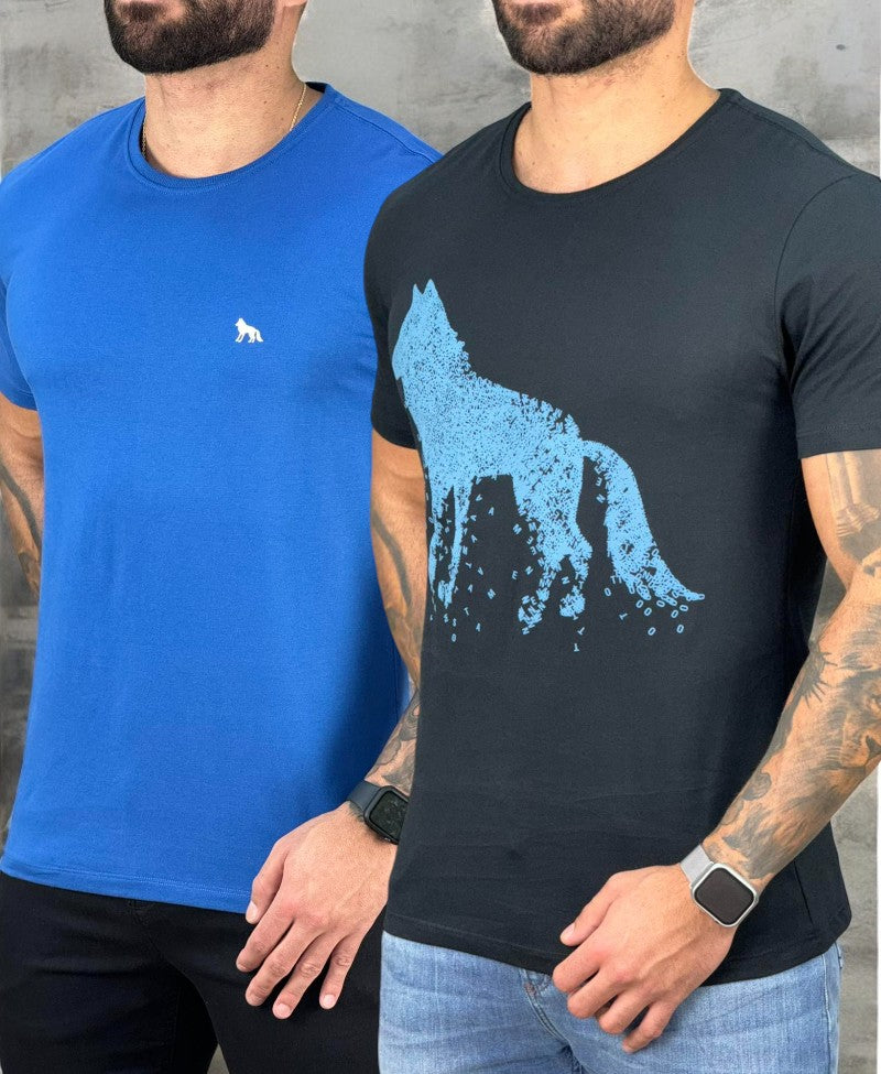 Kit 2 Camiseta Azul e Preta Masculino Básica - Acostamento