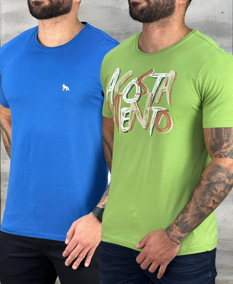 Kit 2 Camiseta Azul e Verde Hortelã Masculino Básica - Acostamento