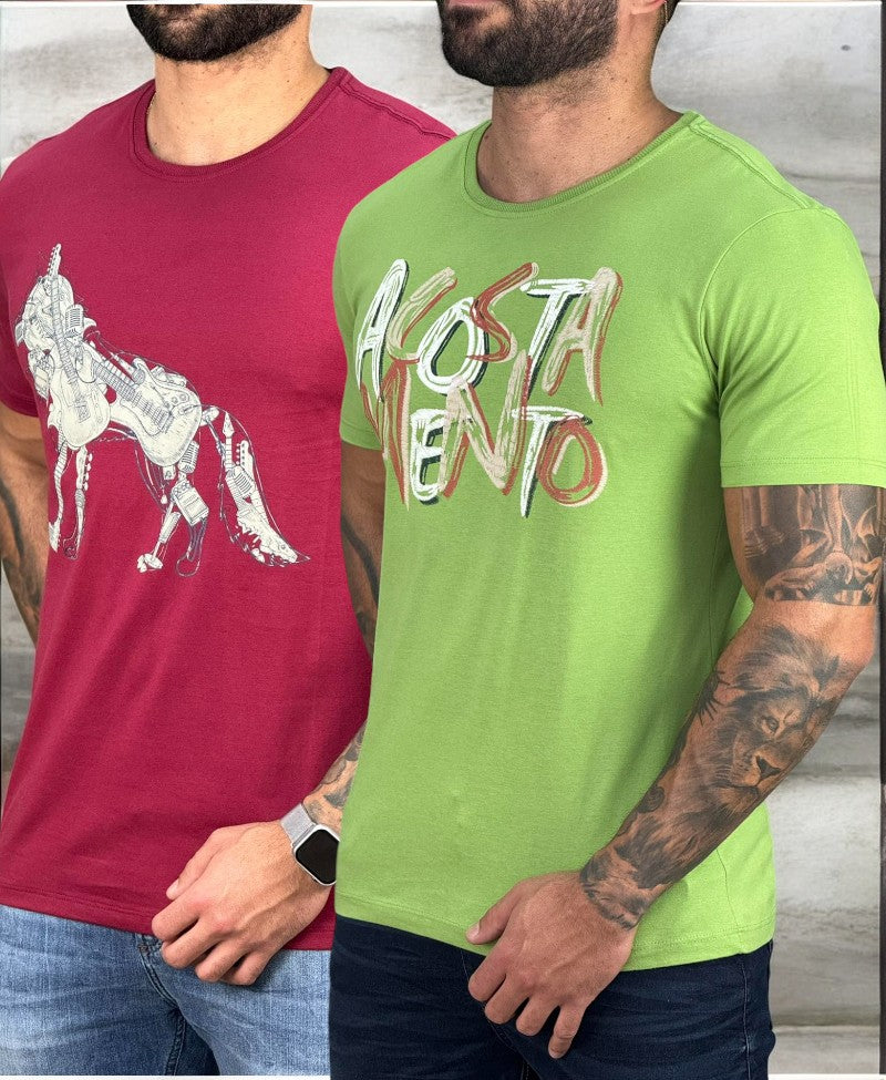 Kit 2 Camiseta Bordo e Verde Hortelã Masculino Básica - Acostamento