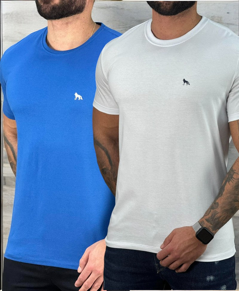 Kit 2 Camiseta Branca e Azul Masculino Básica - Acostamento